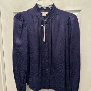Shoshanna NWT Long Sleeve Button Down Blouse Size XS in Textured Navy